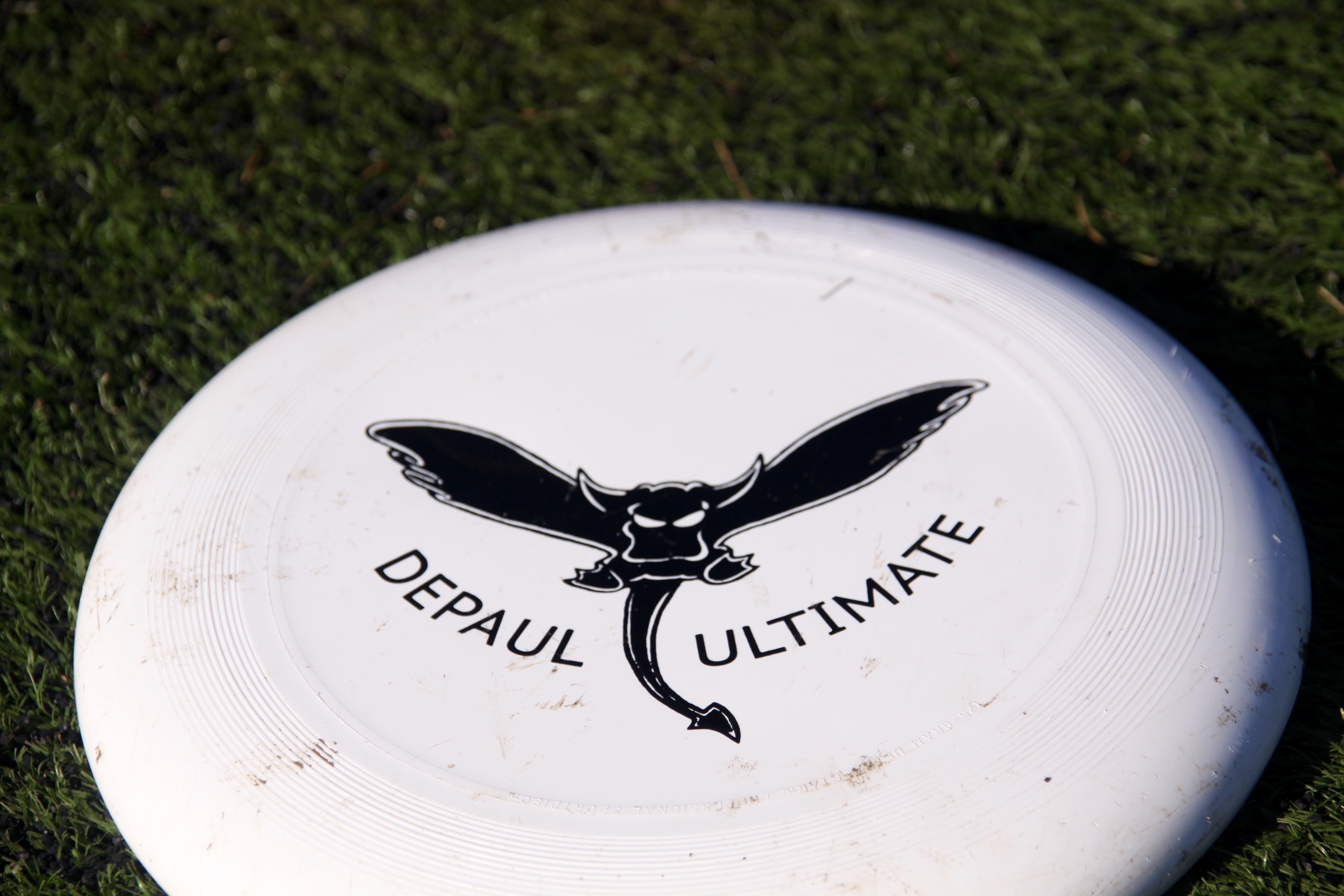 One of the nearly dozen Frisbees in use during the DePaul Ultimate Club practice on Jan. 21, 2017. (Photo/Ben Rains)