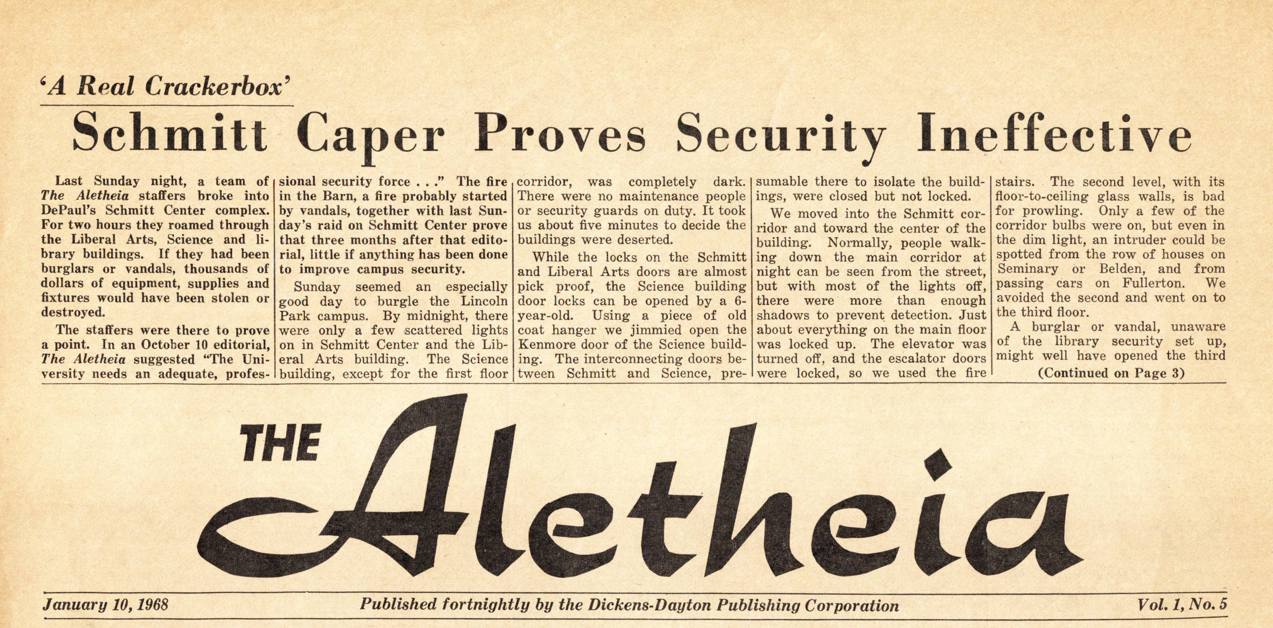 The Aletheia's coverage of their own break-in circa 1968 (courtesy of the DePaul Richardson Library Digital Collections)
